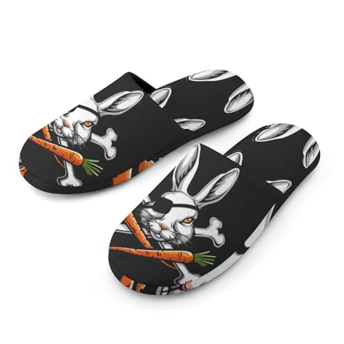 Pirate Bunny Rabbit Bone Carrot Easter Flannel Cotton Slippers Anti-Skid Indoor Outdoor Slippers Closed Toe Slip-on House Shoes