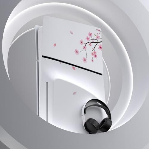 PlayVital Full Set Skin Sticker for ps5 Slim Console Disc Edition (The New Smaller Design), Vinyl Decal Cover for ps5 Controller & Headset & Charging Station & Media Remote - Falling Cherry Blossom - 5