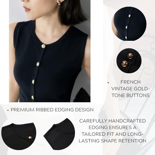 Image of Crew Neck Gold Button Front Sweater Vest Compact Knit Structured Waistcoat Tank Top Minimalist Style