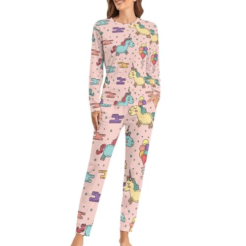 Pyjama femme licorne ensemble vêtement de nuit t-shirt manches longues pantalon