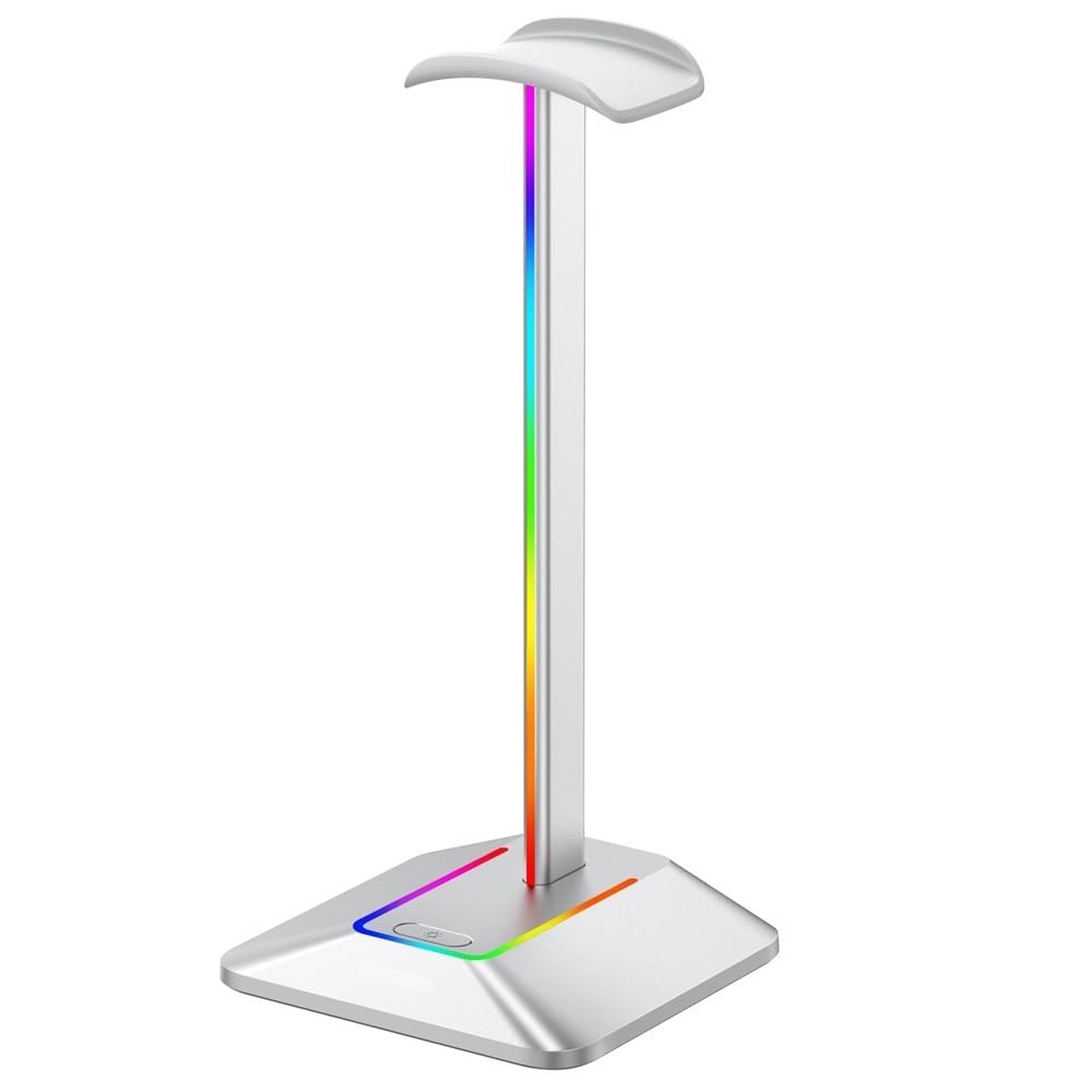 Supporto per cuffie RGB con 2 porte USB, da scrivania, per gaming, con base in gomma antiscivolo, per giocatori (argento)