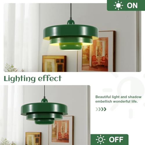 Image of 3-Tier Green Pendant Light Fixture, Mid-Century Modern Metal Chandelier Industrial Adjustable Hanging Light for Kitchen Island, Dining Room, Easy Install