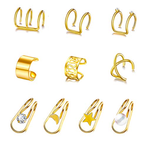 10Pcs Ear Cuffs Set for Women Gold Dainty Helix Huggie Stud Clip on Cartilage Earring Set (Gold 10)