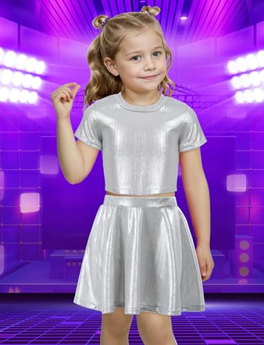 Image of Happy Cherry Kid Girl Shiny Skirt and Top Set 2 Piece Texture Ribbed Metallic Disco Rave Cheer Outfit 4-12T