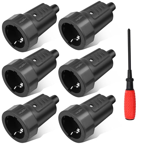 URHRHU 16A Fiches Schuko, 6 x Fiche electrique femelle noire, 250V, 16A, IP44 Prise Fiche Femelle Noir en Caoutchouc Prises de Courant Étanches 3.7KW