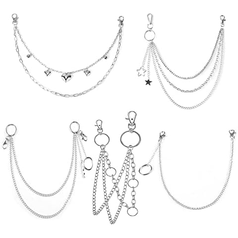 VEINTI+1 5 Pieces Silver Jeans Pants Chain Belt Goth Grunge Chain Pocket Waist Chain with Star Moon Snake Lock Decorations for Women/Men (heart) Cover