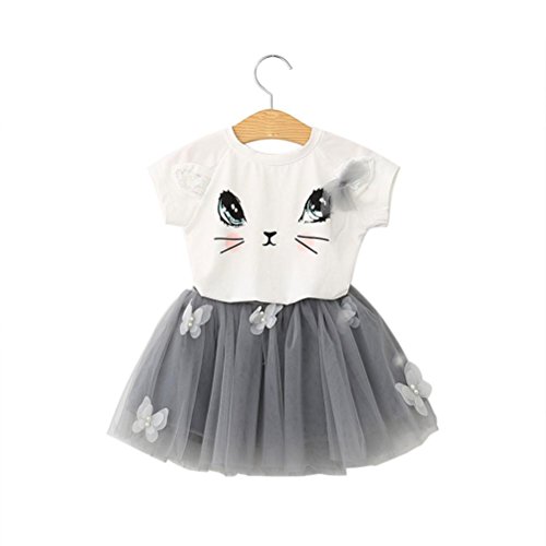 Oyedens Mode Robe Bebe Fille Ete Printemps Casual Chic Vetement Bebe Fille Enfant Bébé Filles Chats Papillon Tutu Jupe Ensemble Robe De Soirée Fille Robe Princesse Fille + Tops (Blanc, 140/6-7 Ans)