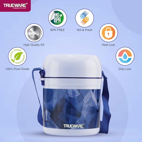 Image of Trueware Office 3 Lunch Box with 3 Stainless Steel Container,300ml X 3 Dark Blue | PU Insulated | Tiffin | Hot Lunch Box | Leak Proof | Easy to Carry | Food Grade | BPA Free | Office | for Men
