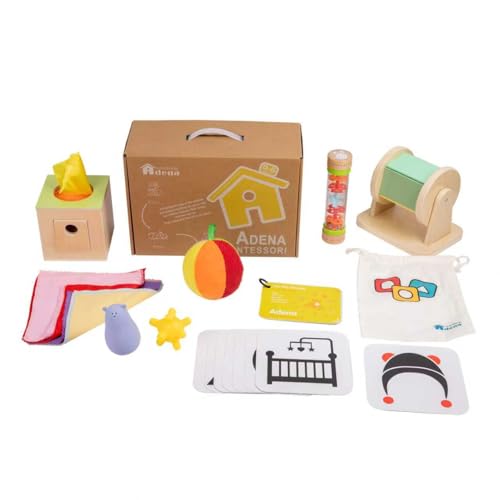 Image of Adena Montessori Play Kit for 0-6 Month Baby,8 in 1 Learning Kit Includ Black&White Card,Rainmake Rattle,Sensory Ball,Tummy Time Wobbler,Tissue Box,Tissue,Rainbow Ball,Rainbow Drum