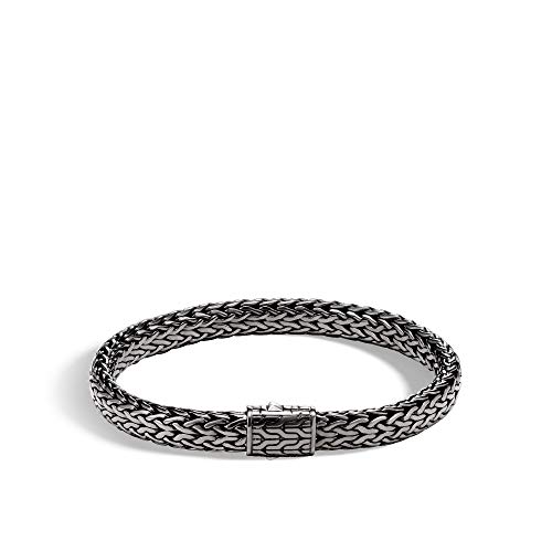 MEN's Classic Chain Silver Medium Flat Chain Bracelet with Matte Black Rhodium Plating 7.5mm, Size M