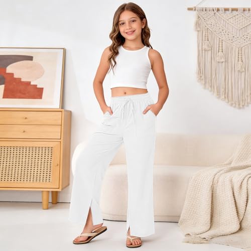 Image of Girls Linen Pants Wide Leg School Uniform Pants Cozy Elastic Waist Summer Casual Beach Lounge Trousers with Pockets