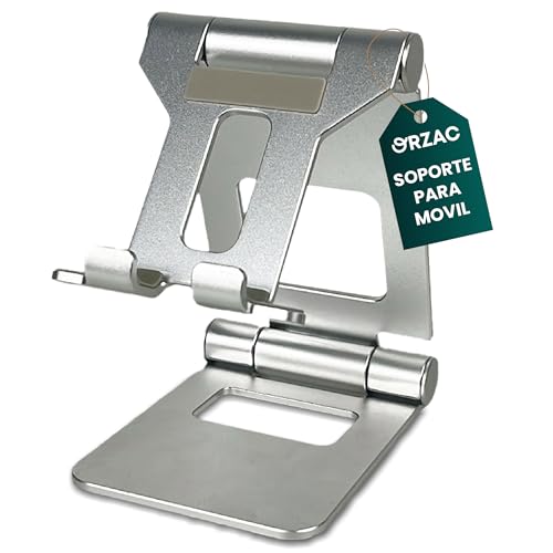 ORZAC® Soporte Móvil Escritorio de Aluminio – Soporte para Móvil Mesa Plegable y Ajustable – Compatible con Teléfonos y Tablets – Color Gris Aluminio