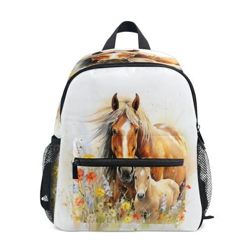 ALAZA Toddler Backpacks for Boys Girls Horse Animal with Flowers Kids Backpack with Chest Clip and Name Tag,S