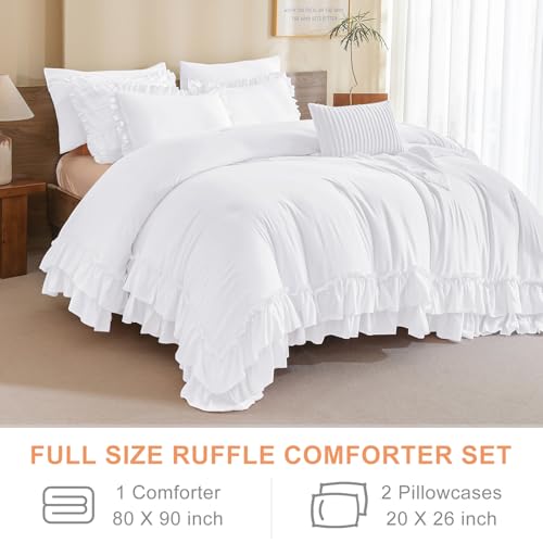 Image of QSH 3PCs Bright White Comforter Full with Ruffles,Farmhouse Shabby Boho Chic Bedding Comforter Set Full Size (80 inchx90 inch) Soft Fluffy Microfiber Lightweight Vintage Bed Set with Pillow Shams