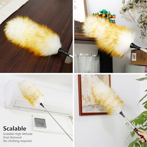 Image of Lambswool Extendable Cleaning Duster 26-64 Inch Two-Pack, Anti-Static Wall Duster Cleaner with Sponge Grip and Stainless Steel Extension Pole for High Ceiling Fan, Interior, and Roof Dusting