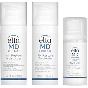 EltaMD Morning and Night Skin Care Kit, AM Restore and PM Restore Facial Moisturizers, Anti-Aging Renew Eye Gel