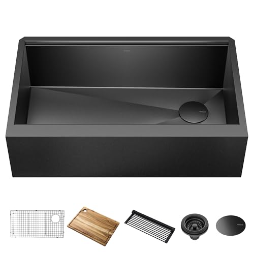 Kraus Kore 33-Inch Farmhouse Workstation with In Sink Dish Drying Rack, Stainless Steel Kitchen Sink Gun Metal Finish, KWF410-33/PGM