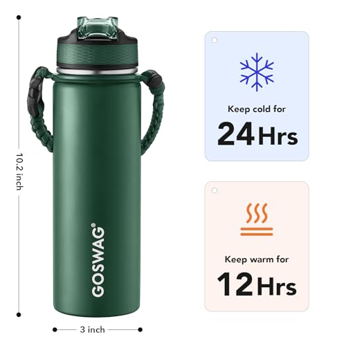 Image of GOSWAG 24oz Insulated Stainless Steel Travel Water Bottle, 2 Lids | with straw and no straw, Paracord handle, Double-wall vacuum keeps drinks cold or hot, Leakproof tumbler
