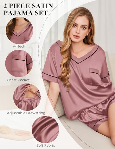 Image of Silk Pajamas for Women Short Sleeve Satin 2 Piece Pj Set Soft V Neck Sleepwear Loungewear, S-XXL