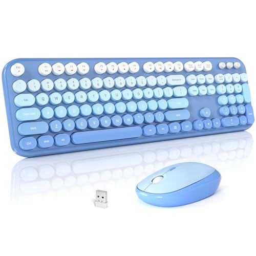 MOFII Wireless Keyboard and Mouse Combo Cute Keyboard Full Size and Wireless Mouse 2.4GHz Retro Typewriter Keyboard Mouse Set for PC/Desktop/Laptop/Windows (Blue Gradient)