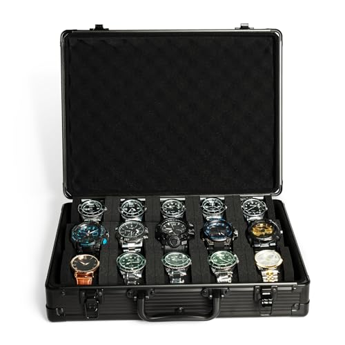 AUKURA Deluxe 15 slots watch case, hard aluminum watch storage organizer display box travel case for large and small watch up to 55mm (black 15 slots)