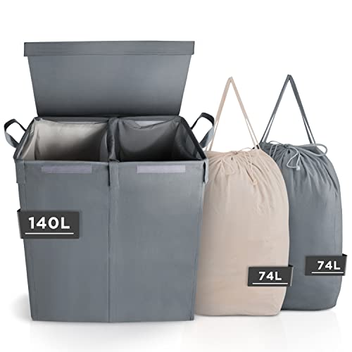 Image of MCleanPin Double Laundry Hamper with Lid,Laundry Basket Organizer with Removable Bags, Foldable Dirty Clothes Hamper 2 Section, Dual Hampers for bedroom,College Dorm Room Hamper(Grey)