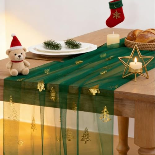 Image of Christmas Tree Table Runner Emerald Green Gauze Foil Table Runner, 3PC