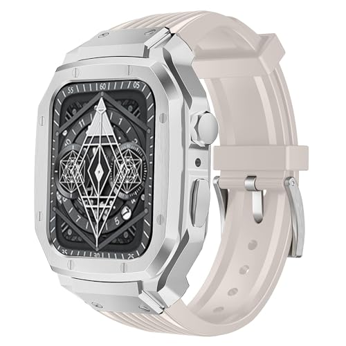 ANYOI �Ή� Apple Watch �o���h ������ Series 9/8/7/SE3/SE2/SE/6/5/4 �A�b�v���E�H�b�` �o���h �P�[�X ��̌^ �o���h �����x���g �����ӃE�H�b�`�o���h �ϏՌ� �ʋC �j���ʗp(45mm/44mm,�V���o�[+