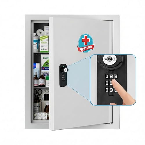 Stezzor Wall Mounted Metal Medicine Cabinet with Key Lock First Aid Medication Storage Box White