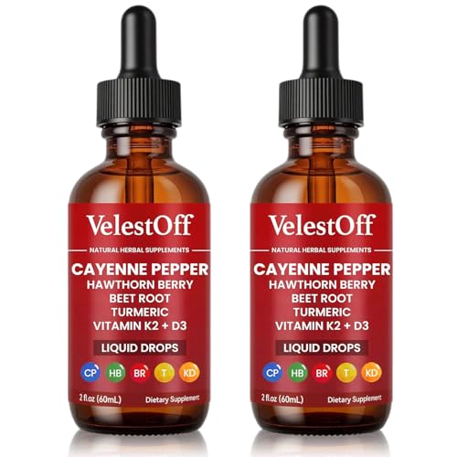 VelestOff Cayenne Pepper Drops - VelestOff Cayenne Circulation Blood Pressure Blend - Cayenne Pepper Hawthorn Beet Root Turmeric Vitamin K2 D3-2 OZ (2 PCS)