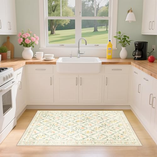 Entryway Rug 2X3 Small Rugs: Floral Washable Door Mat Vintage Soft Low Pile Non-Slip Kitchen Rugs Stain Resistant Indoor Throw Rug for Entrance, Bedroom, Kitchen, Laundry, Bathroom Beige/Multi