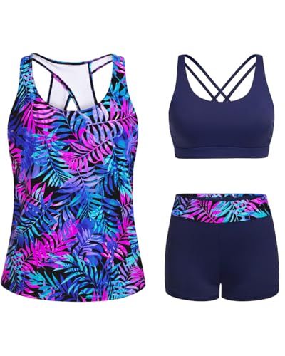 Image of 3 Piece Tankini Long Sleeve Swimsuits Athletic Rash Guard Bathing Suits | Modest,Full Coverage,High Waisted Short,Quick Dry,Criss Cross Back