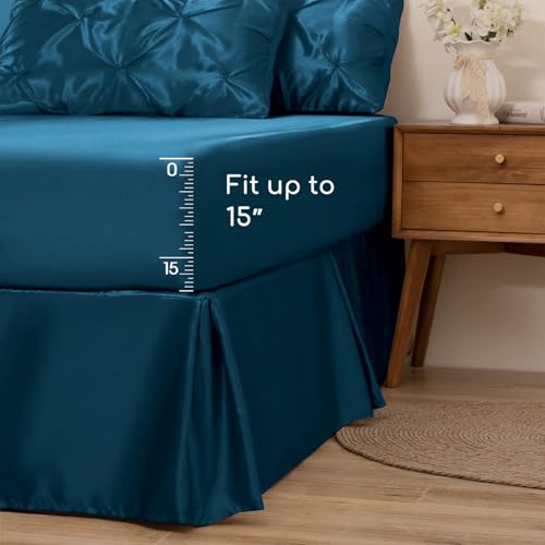 MR&HM Satin Comforter Twin XL 5 Pieces - Luxurious Pinch Pleat Bedding Set with Comforter, Flat Sheet, Fitted Sheet, Pillowcase & Sham, Super Silky Soft Bed Set for All Season (Twin XL, Teal)