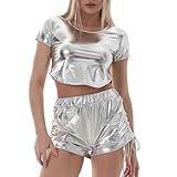 Damen Metallic Crop Top Rundhals Nachtclub Tops glänzend T-Shirt Tanzkostüm Clubwear Bühnenkostüm Kurzarm Kostüm Silber Shirt Karneval Kostüm Festival Bluse Faschingskostüme, O Silver, M