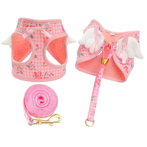Dog Harness and Leash Set with Angle Wings,Pet Adjustable Mesh Vest Harness with Wings and Bow for Small Medium Dogs Cats_S(Pink Flower)