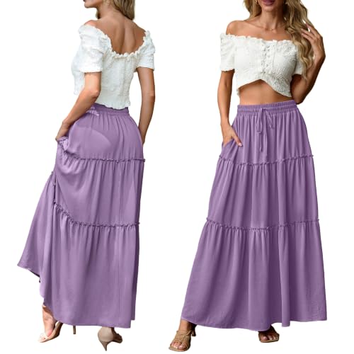 Image of Lepunuo Womens Casual Boho High Waisted Flowy Maxi Skirts Tiered Floral Long Skirts with Pockets for Summer Beach Vacation