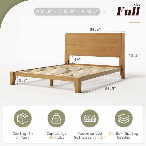 Image of AMERLIFE Solid Wood Full Bed Frame with Headboard, Japanese Joinery, Brown