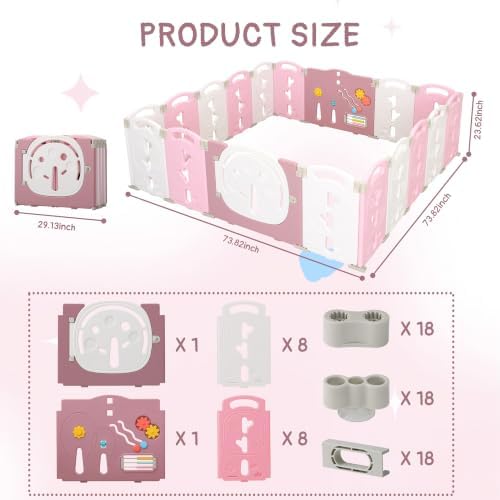 Foldable Baby Playpen, Portable Play Yard for Babies and Toddlers with Safety Lock Gate & Game Panel, Adjustable Indoor Outdoor Play Pen, Activity Play Center, 18-Panel, Pink White — 사진 2
