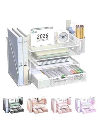 Image of WALI Desk File Organizer, 4 Tier Desktop Paper Letter Tray Organizer with Drawer and 2 Pen Holders, Office Desk Accessories & Workspace Organizers for Office, Home Supplies(DO005DH-W), 1 Pack, White