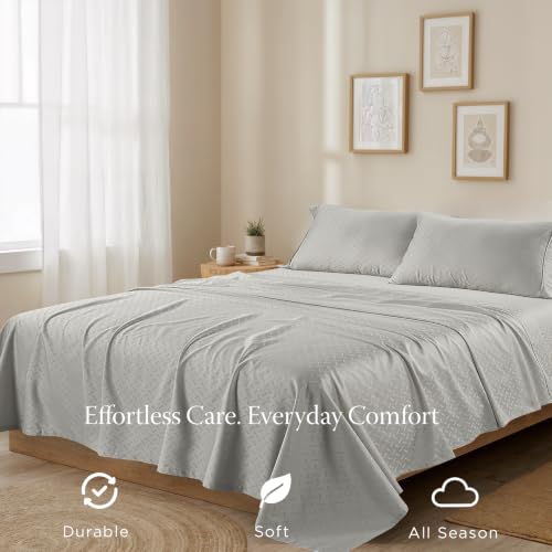 Image of Threadmill 300TC Cotton Queen Sheet Set, Sateen, Jacquard, Light Grey | 100% Cotton, Sateen Weave, Jacquard Pattern, 4-Piece Set, 16 inch Deep Pocket, Cooling, OEKO-TEX Certified, Machine Washable