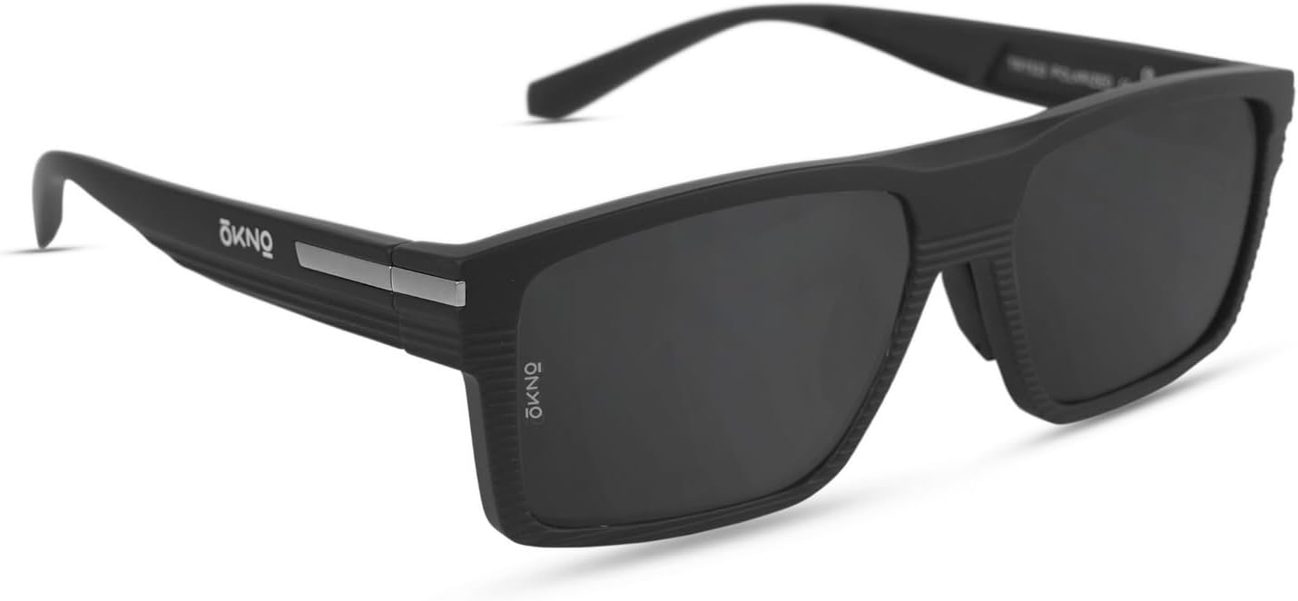 OKNO Eyewearlabs Sunglasses For Men & Women | Polarized Full Rim Rectangular Branded Stylish Spectacles | 100% UV Protection Shades | Cricket Sports Cycling Driving | Black Lens | Medium | Tropix