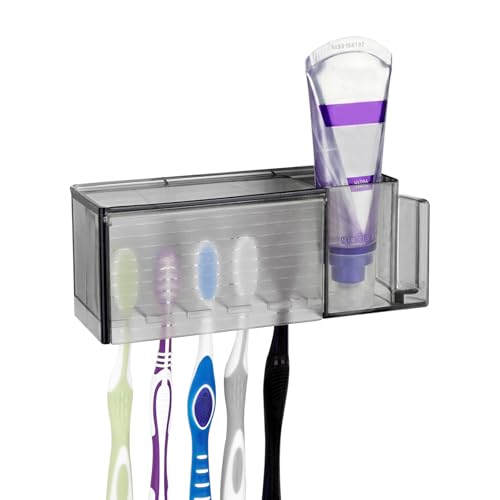Linkidea 5 Slots Wall Mount Toothbrush Holder with Cover for Bathroom Plastic Storage Organizer for Toothpaste Gargle Cup Compatible with Oral-B Cross Action Colgate Renewal (Gray)