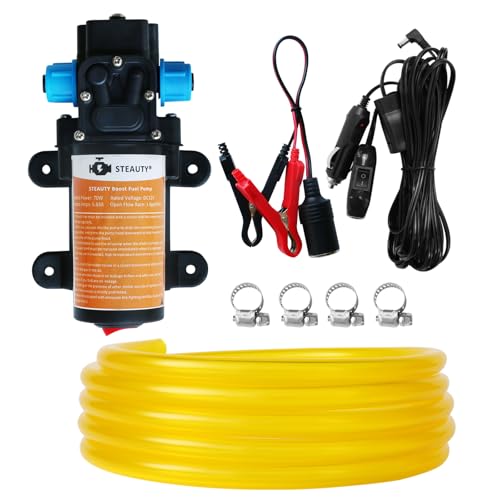 12V Fuel Transfer Pump Set, Moves Up to 85 Gallons of Gas or Diesel Per Hour, with 11.5' Power Cable and 9.8' Long Fuel Hose, Great for Vehicles, Boats, Equipment, Gasoline, Diesel, Etc.