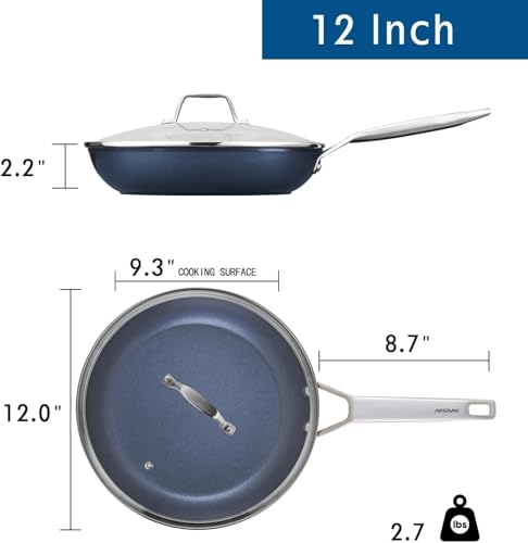 MsMk Non Stick Frying pan Set with lid Blue, 12-inch Durable Skillet, Titanium and Diamond Non Stick Non-Toxic Coating from USA, Even Heating, Easy Clean-Up, Comfort Handle, Induction Compatibility by MSMK - Image 3