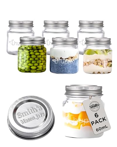 Smith's Mason Jars Mini Mason Jars set of 6 Chupito Shot Glasses with Lids - 2oz Per Shot Glass - For Parties, Arts and Crafts Storage, Drinks, Wedding Favors