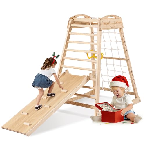KizzParnrr Indoor Jungle Gym, Wooden Indoor Playground, (7 in 1) Toddler Climbing Toys, Gym with Slide, Climbing Net, Swing, Gymnastics Ring