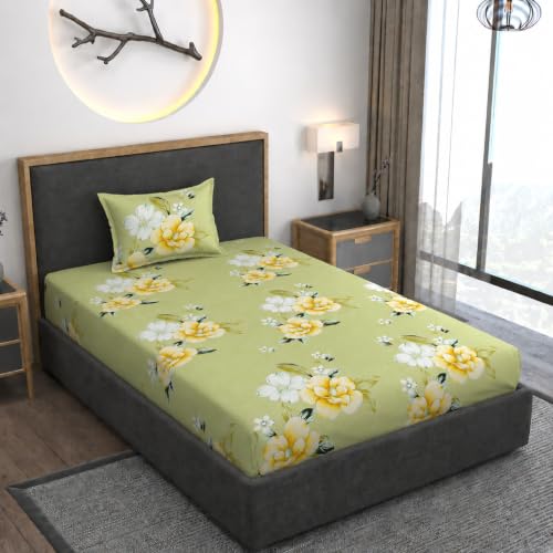 Image of Vaini Premium Heavy Cotton Elastic Fitted Bedsheets with 1 King Size Pillow Covers || Single Bed with All Around Elastic 350 TC || 36 x 78 x 6 Inch Single Size Fitted || :- Light Green Flower