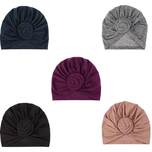 Image of DRESHOW 5 Pack Knotted Headwraps for Women African Turban Pre-Knotted Beanie Headwraps Hair Covers