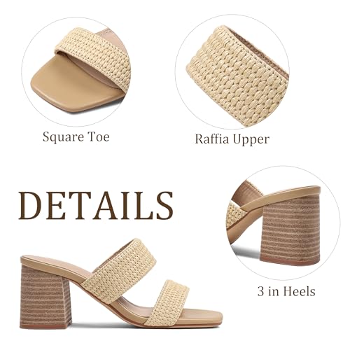 Image of Ancomafio Heeled Sandals for Women Raffia Sandals 2025 Chunky Block Heels Square Open Toe Heels Double Strap Summer Dressy Shoes Slip On