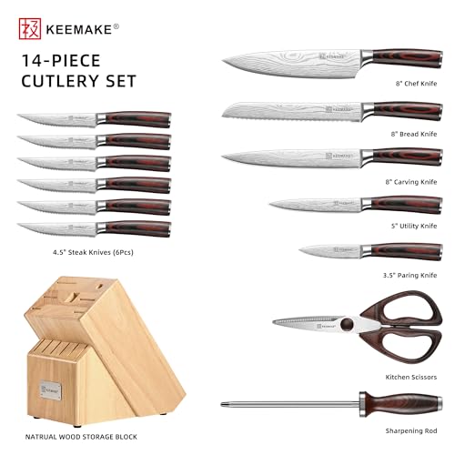 Image of KEEMAKE 14-Piece Knife Set with Block,Ultra Sharp Knife Block Set High Carbon Stainless Steel Kitchen Knife Set Professional Chef Knife Set with Ergonomic Pakkawood Handle and Sharpener